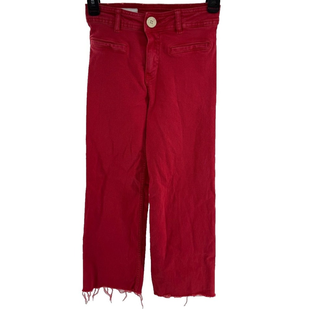 Zara Girls Red Wide Leg Raw Hem Denim Jeans High Rise Size 11-12 Years 148cm